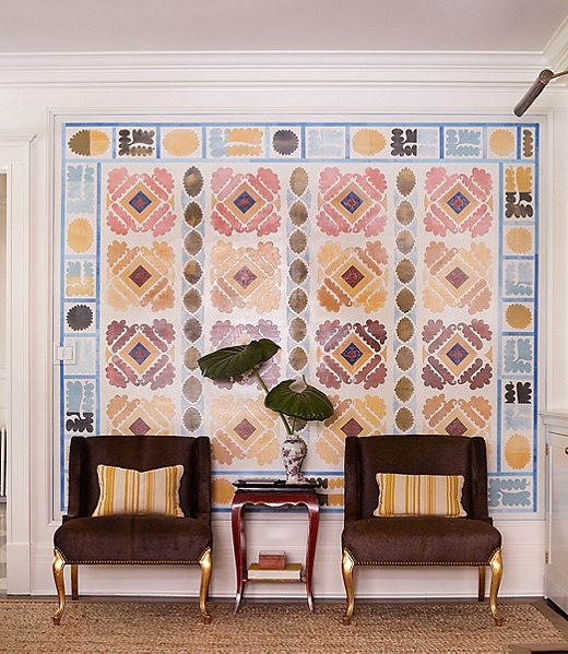 In the library, “a textile owned by [rugs and fabrics designer] Madeline Weinrib that Matisse would have owned and inspired his cutouts was used as a document for the hand-colored plaster,” Stewart says.
